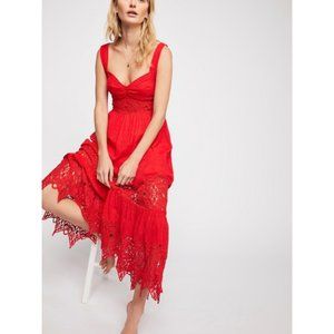 NWT Free People Red Caught Your Eye Lace Sweetheart Gauzy Ruffle Maxi Dress 8